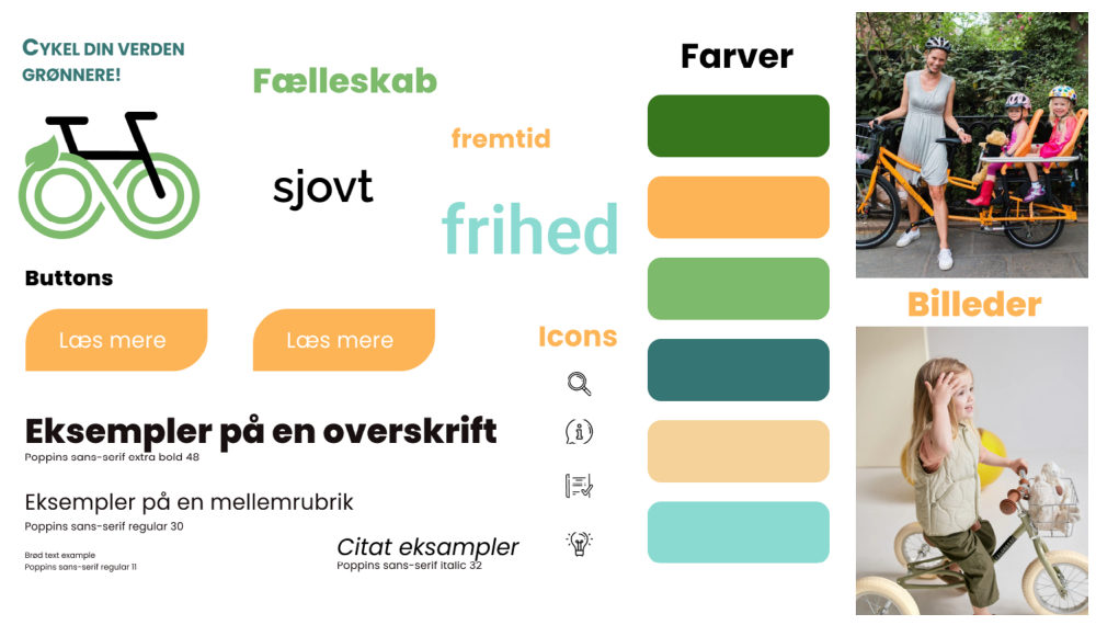 Style tile med grønne og orange farver, Poppins-typografi, knapper og ikoner.
