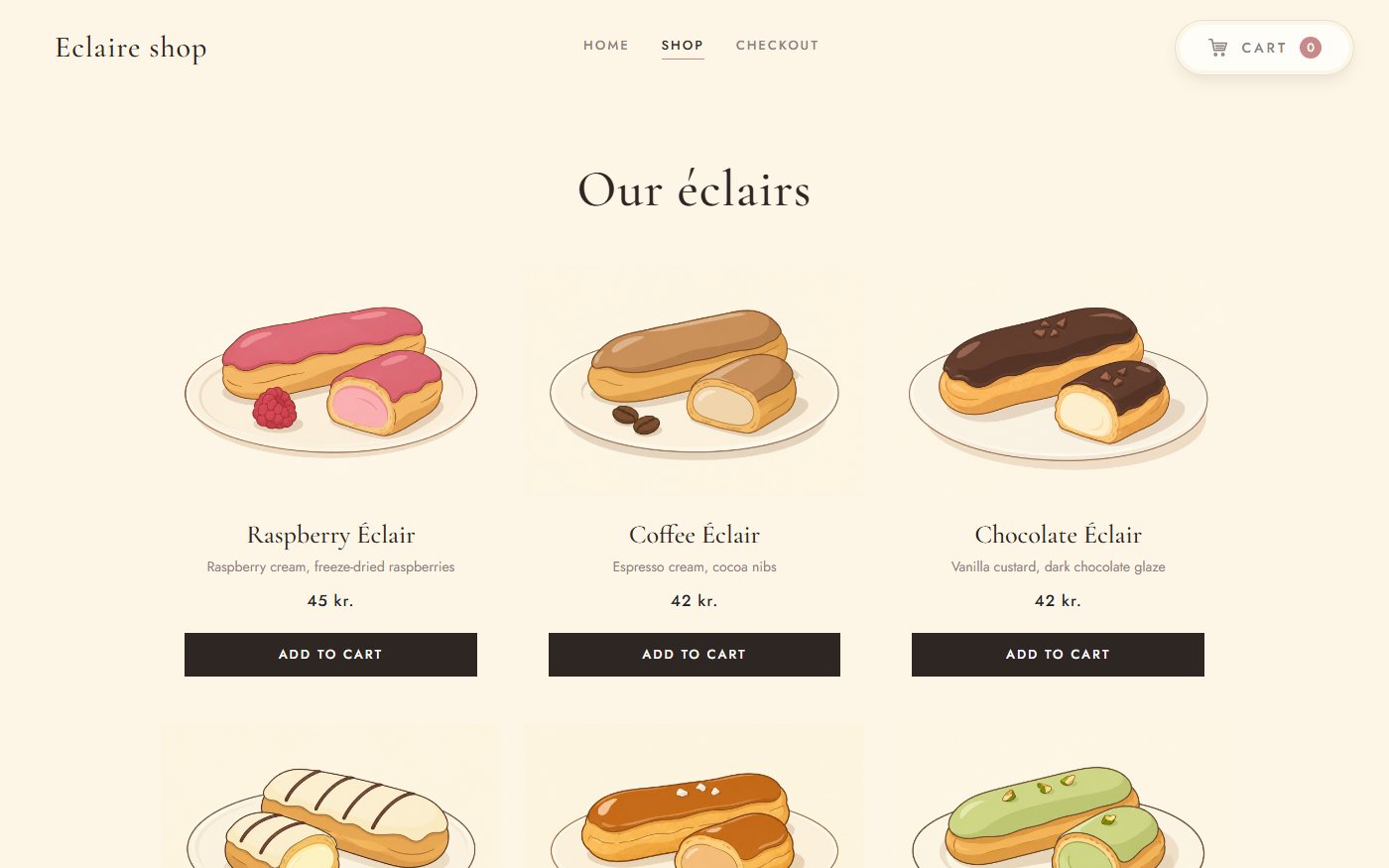 Shop-siden i Eclaire shop: tre éclairs med navn, beskrivelse, pris og en Add to cart-knap.