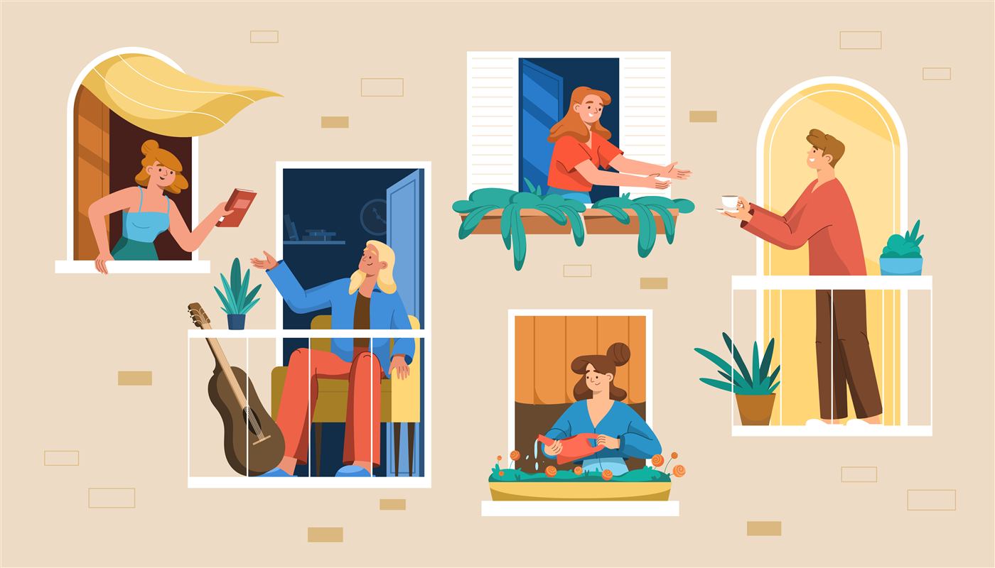 Illustration fra Naboting: naboer i hver deres vindue rækker ting til hinanden.