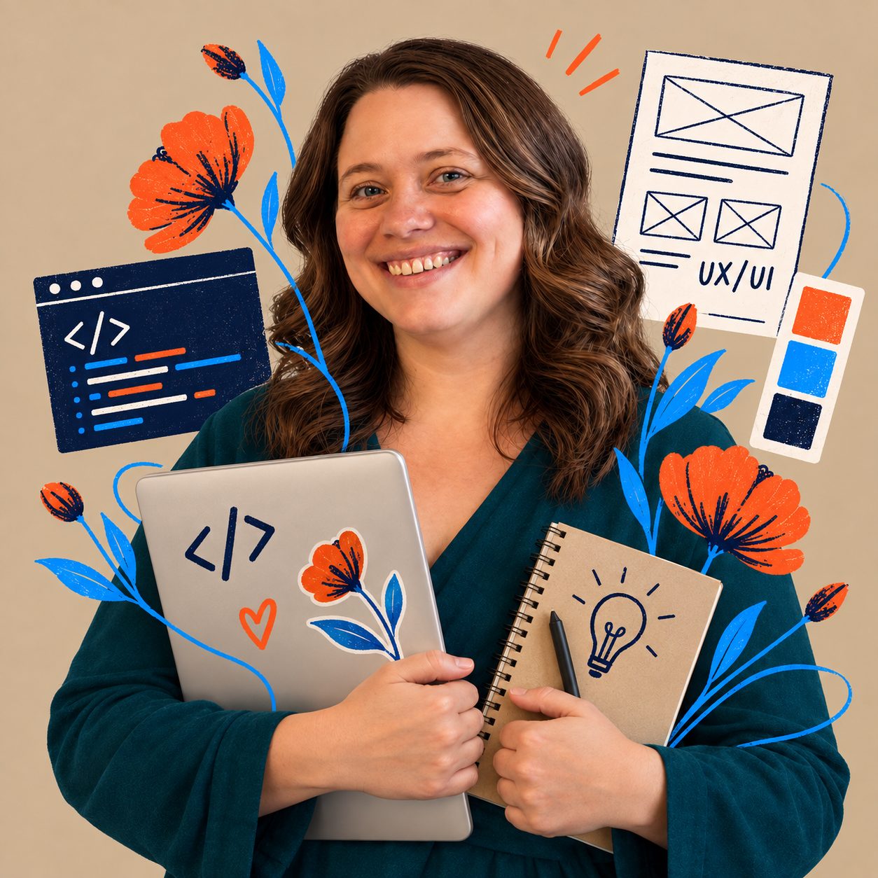 Kateryna med computer og skitsebog, omgivet af illustrationer af kode og UX/UI