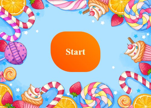 Spillets startskærm: en orange Start-knap omgivet af slik, cupcakes og jordbær på lyseblå baggrund.